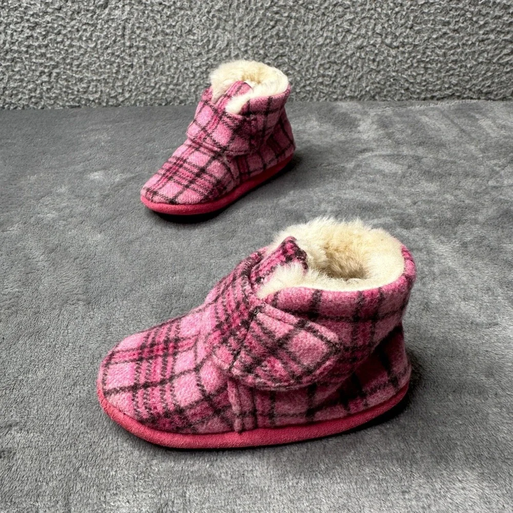Minnetonka Slipper Boots Toddler Girls Sz 3 Pink Plaid Faux Fur Wool Lined‎ Cozy